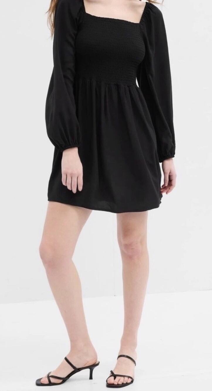 Gap Dress Long Sleeve Mini Black Square Neck Medium Smocked Viscose
